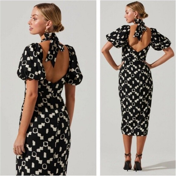 ASTR The Label Halter Cutout Midi Dress Small Puff Sleeve Open Back - Picture 2 of 11